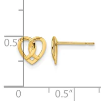 Gold-colored heart stud earrings with an open twisted design, shown front and side view with a measurement scale indicating approximately 0.5 inches in height.