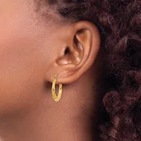 Close-up of a person's ear wearing a small gold twisted hoop earring, with curly dark hair visible in the background.