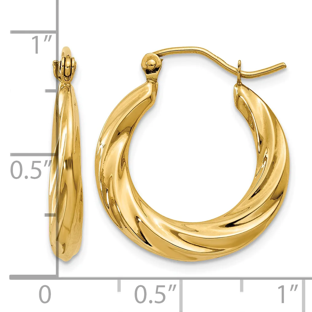 Pair of polished 14k yellow gold twisted hoop earrings with latch-back closures, shown from front and side views against a ruler scale measuring approximately 0.75 inches.