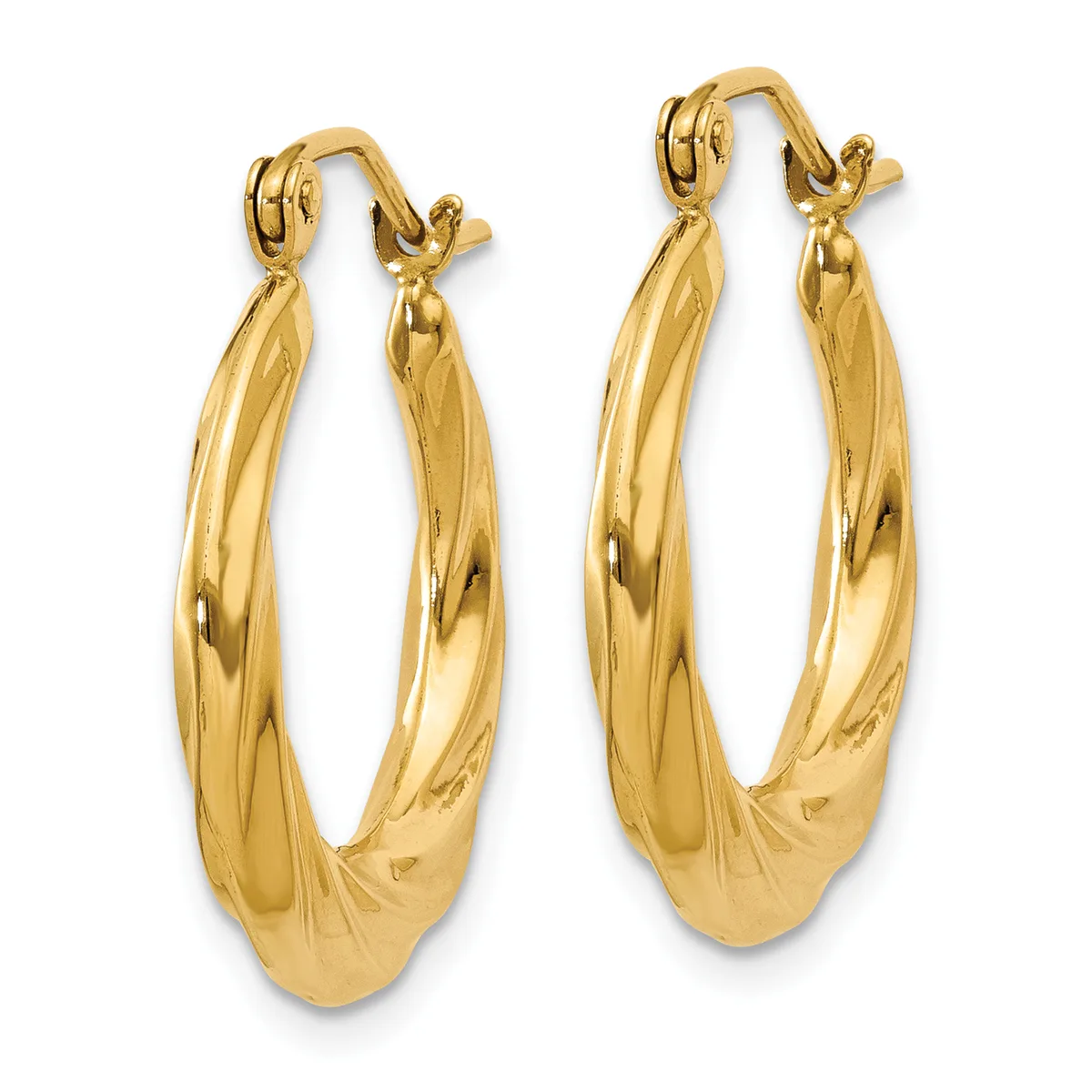 A pair of polished yellow gold twisted hoop earrings with hinged click-top closures, shown against a white background.