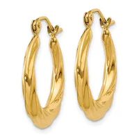 A pair of polished yellow gold twisted hoop earrings with hinged click-top closures, shown against a white background.