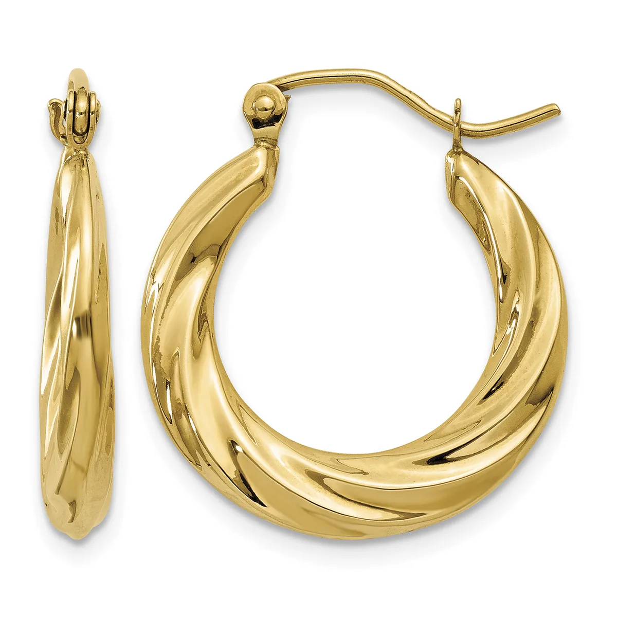 A pair of polished yellow gold twisted hoop earrings with a hinged clasp closure, shown from front and side views against a white background.