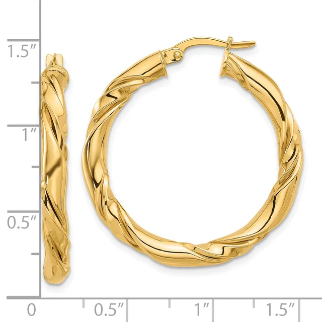 Pair of gold twisted hoop earrings with posts and backs, displayed against a measurement scale showing approximately 1.5 inches in length.