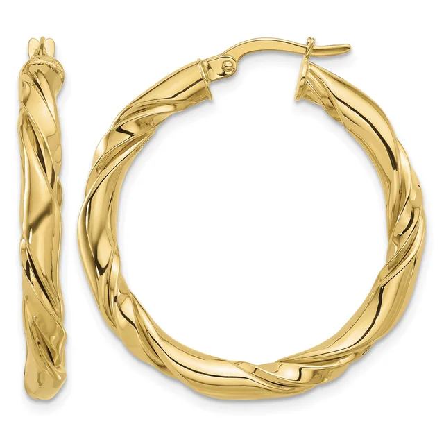 A pair of twisted gold hoop earrings with hinged closures, shown from front and side views against a white background.
