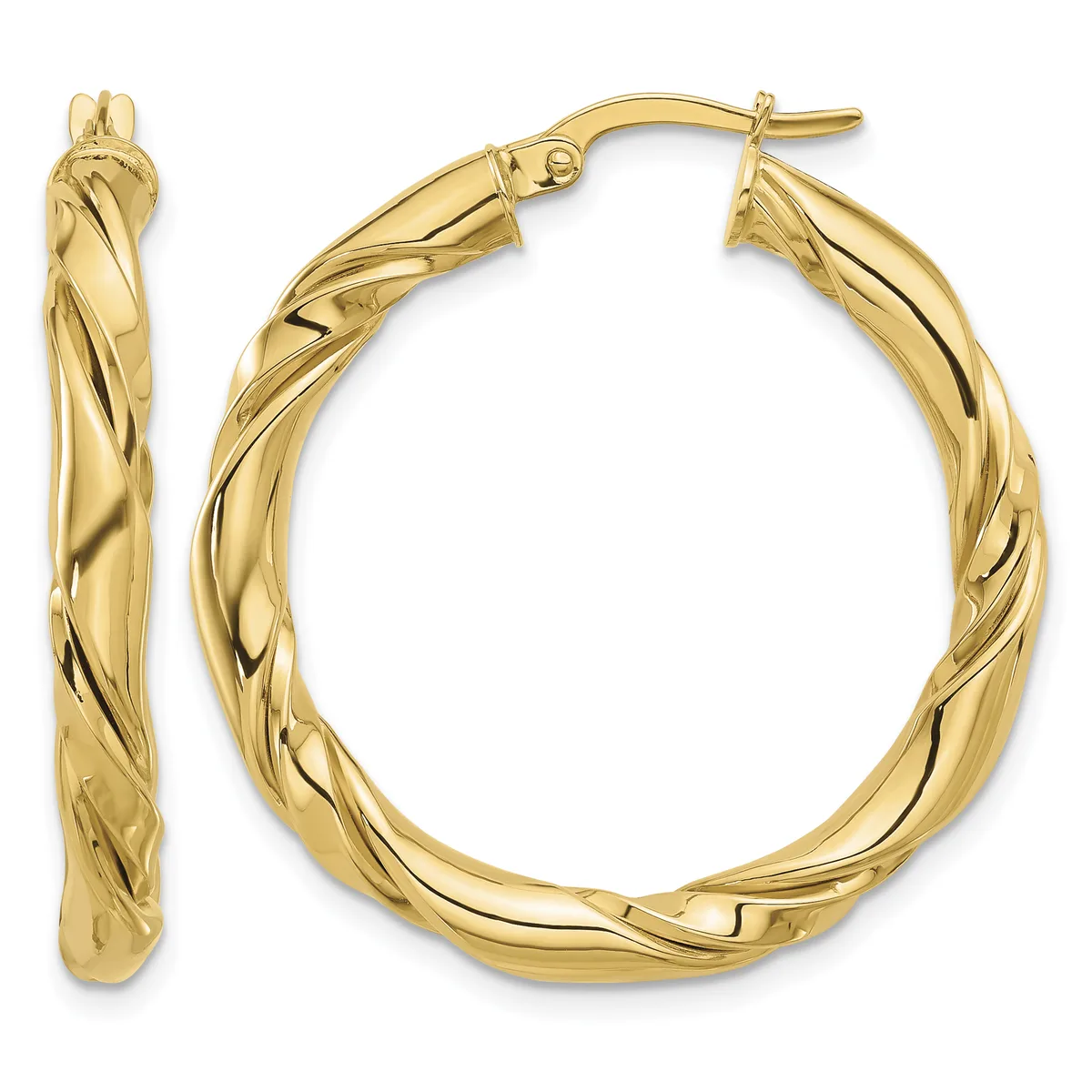 A pair of twisted gold hoop earrings with hinged closures, shown from front and side views against a white background.