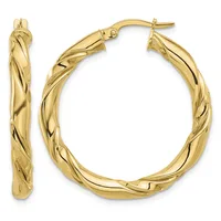 A pair of twisted gold hoop earrings with hinged closures, shown from front and side views against a white background.