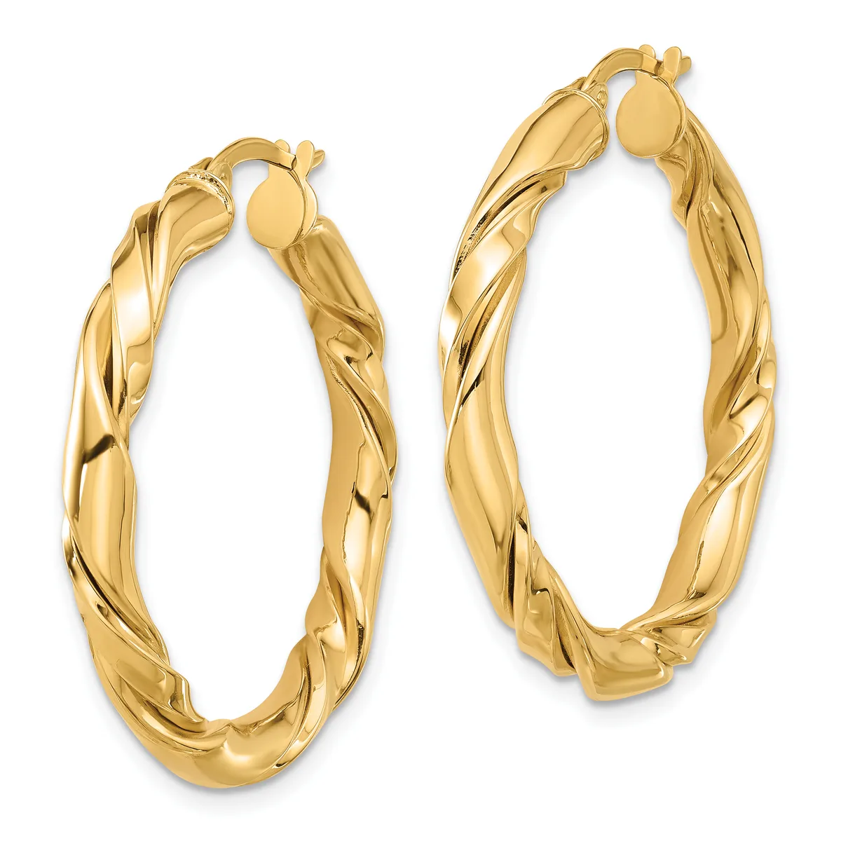 A pair of twisted gold hoop earrings with hinged closures, shown in two sizes side by side against a white background.
