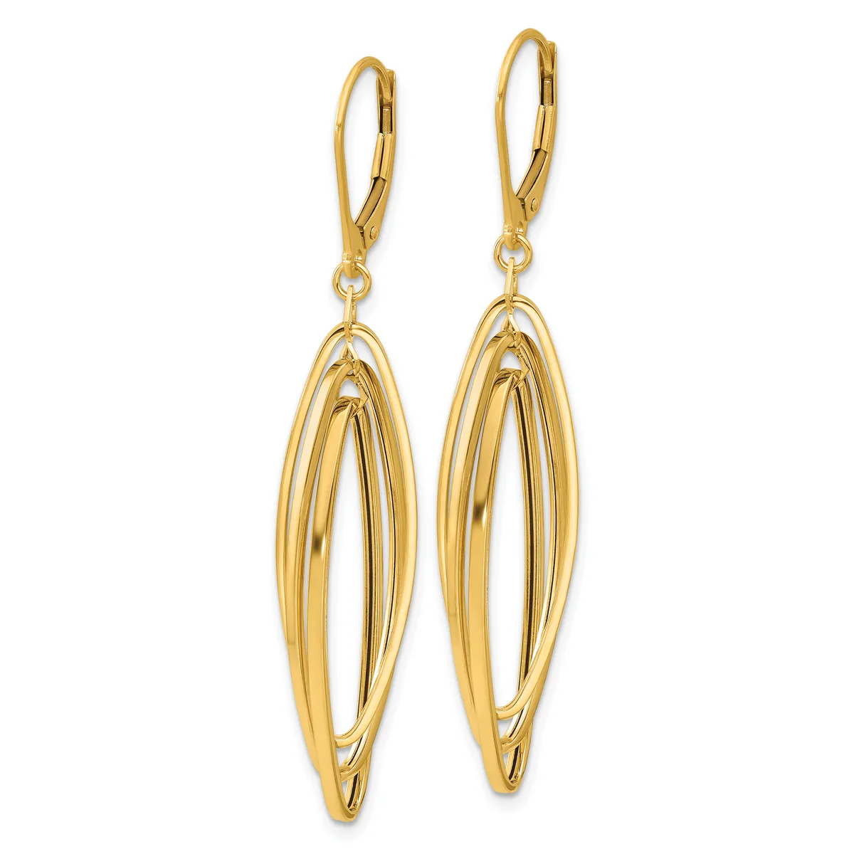 Pair of gold-colored lever-back earrings with nested oval loop designs hanging from curved wires.