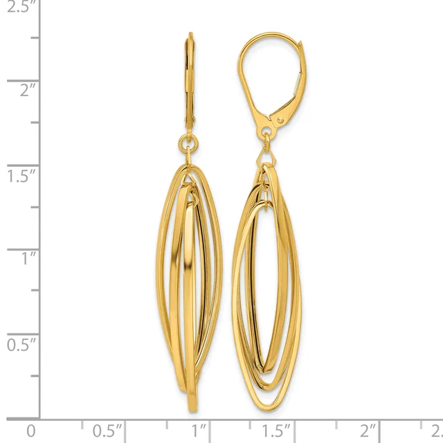 Pair of gold-toned dangling earrings with nested oval loops, displayed against a measurement scale showing approximately 2.25 inches in length.
