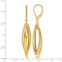 Pair of gold-toned dangling earrings with nested oval loops, displayed against a measurement scale showing approximately 2.25 inches in length.
