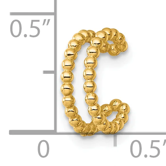 Gold-colored beaded hoop earring shown next to a measurement scale indicating the piece is approximately 0.5 inches in length and width.