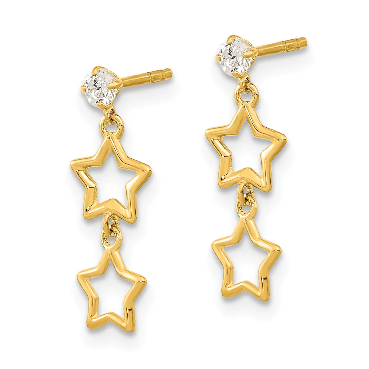 Pair of gold drop earrings with cubic zirconia studs at the top and two dangling star-shaped outlines below each stud.