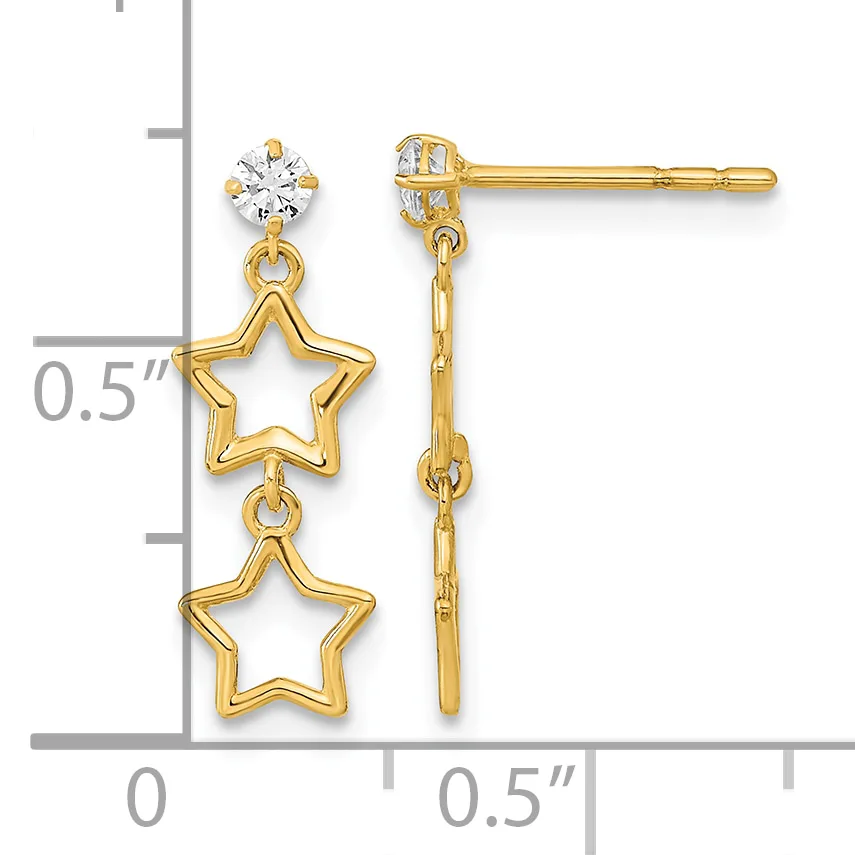 Gold-toned stud earrings with round cubic zirconia tops and two dangling star charms below, shown with a measurement scale indicating approximately 0.5 inches in length.