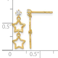 Gold-toned stud earrings with round cubic zirconia tops and two dangling star charms below, shown with a measurement scale indicating approximately 0.5 inches in length.