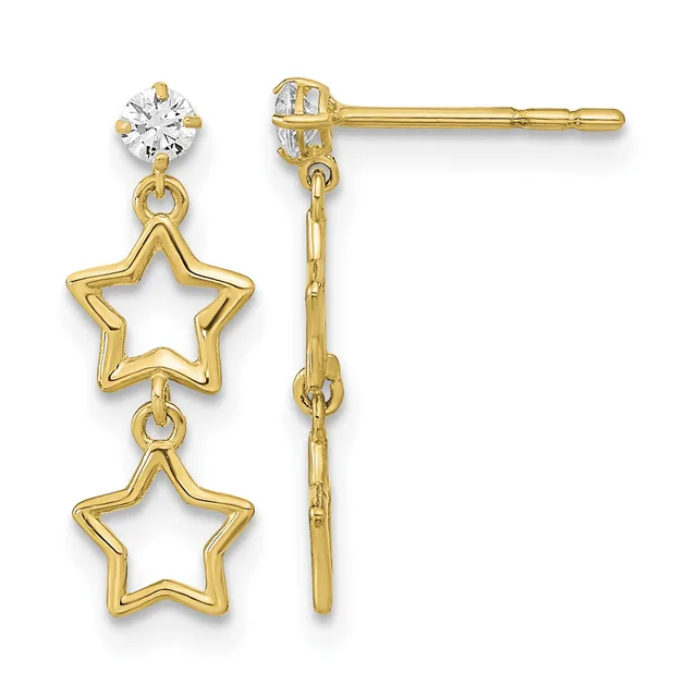 Pair of gold dangle earrings with cubic zirconia studs at top and two outlined star charms hanging below, shown from front and side views.
