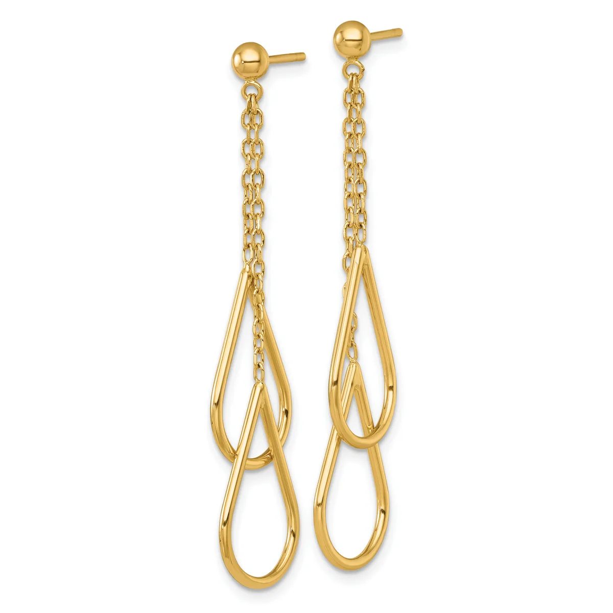 Pair of gold dangle earrings with ball studs attached to chain strands terminating in interlocking teardrop shapes.
