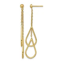 Pair of gold dangle earrings with ball studs, featuring chain drops and nested teardrop shapes.