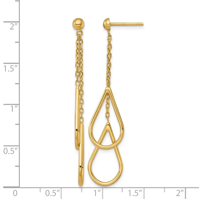 Gold-toned drop earrings with chain and nested teardrop shapes, displayed against a measurement scale showing approximately two inches in length.