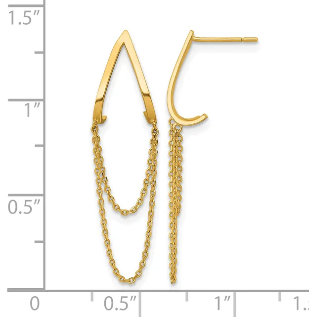 Gold-toned chain earrings with curved hooks and draped chain strands, displayed next to a ruler showing approximately 1.5 inches in length.