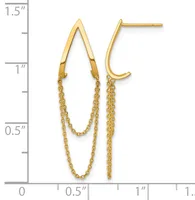Gold-toned chain earrings with curved hooks and draped chain strands, displayed next to a ruler showing approximately 1.5 inches in length.