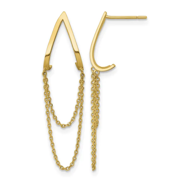 Pair of gold-colored threader earrings with curved hook tops and dangling chain strands of varying lengths.
