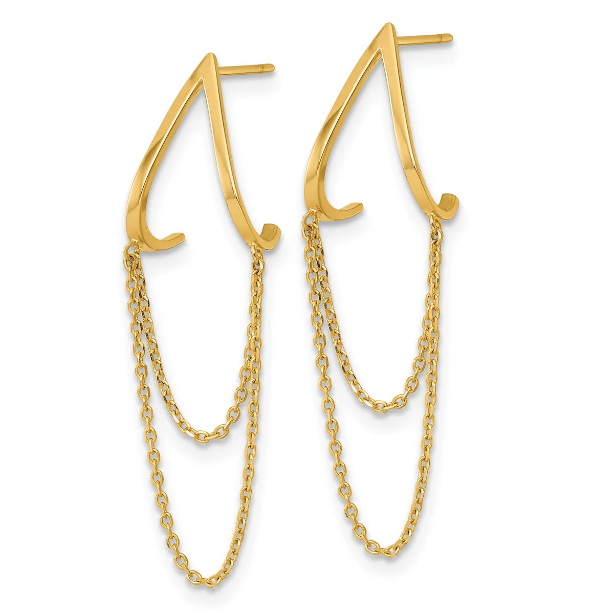 Pair of gold-colored chandelier earrings with curved top posts and double chain strands hanging below, shown against a white background.