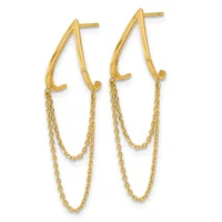 Pair of gold-colored chandelier earrings with curved top posts and double chain strands hanging below, shown against a white background.