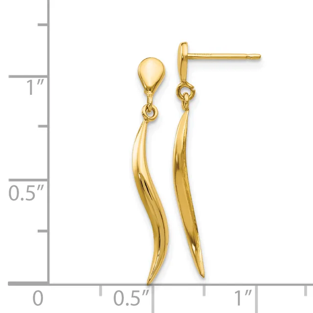 Gold teardrop earrings with curved twisted stems and ball studs, shown against a measurement scale indicating approximately one inch in length.