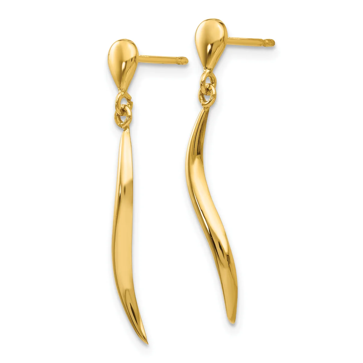 Pair of gold drop earrings with polished teardrop studs connected to elongated curved tapered bars with small decorative links.