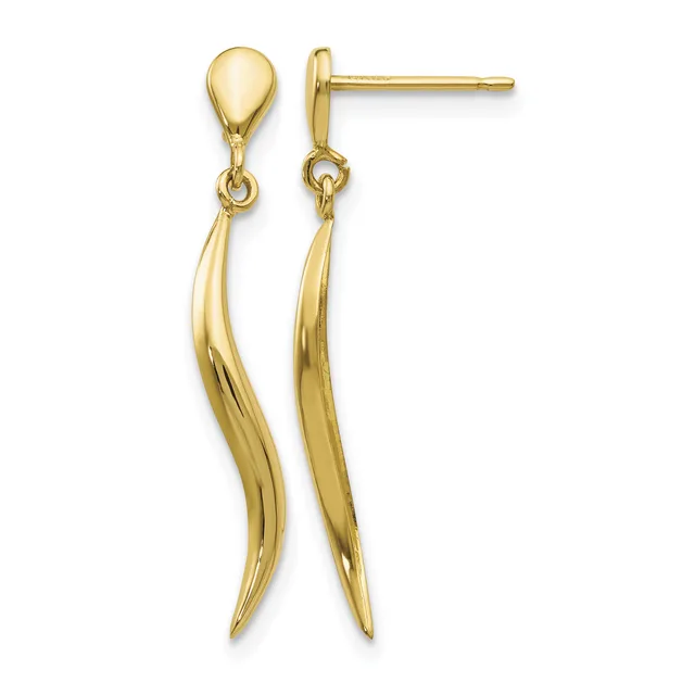 Pair of gold teardrop stud earrings with curved elongated dangles hanging below, displayed against a white background.