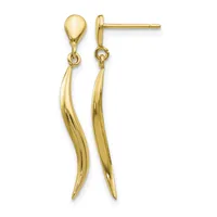 Pair of gold teardrop stud earrings with curved elongated dangles hanging below, displayed against a white background.