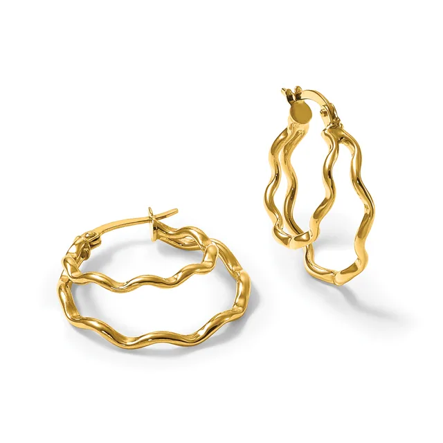 A pair of gold-toned wavy hoop earrings with post and clutch closures, displayed at different angles against a white background.