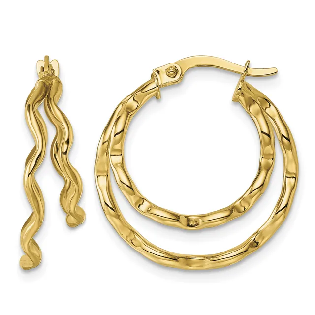 Pair of twisted and textured gold hoop earrings displayed from front and side views, shown with post and clutch closures.