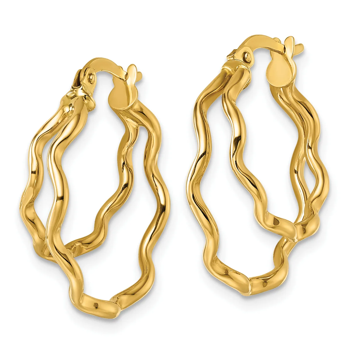 A pair of gold twisted hoop earrings with textured wavy surfaces and hinged closures, displayed side by side.