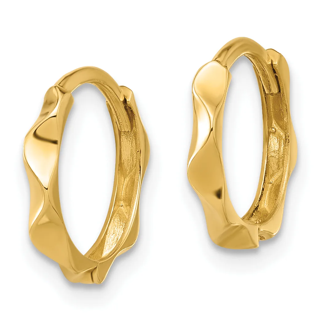 A pair of polished gold hoop earrings with a twisted surface design and hinged closures, shown from front and back views.