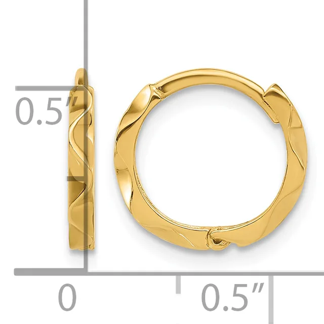 Pair of gold-colored hoop earrings with a textured surface and hinged closures, shown front and side view with measurements indicating 0.5 inch diameter.