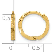 Pair of gold-colored hoop earrings with a textured surface and hinged closures, shown front and side view with measurements indicating 0.5 inch diameter.