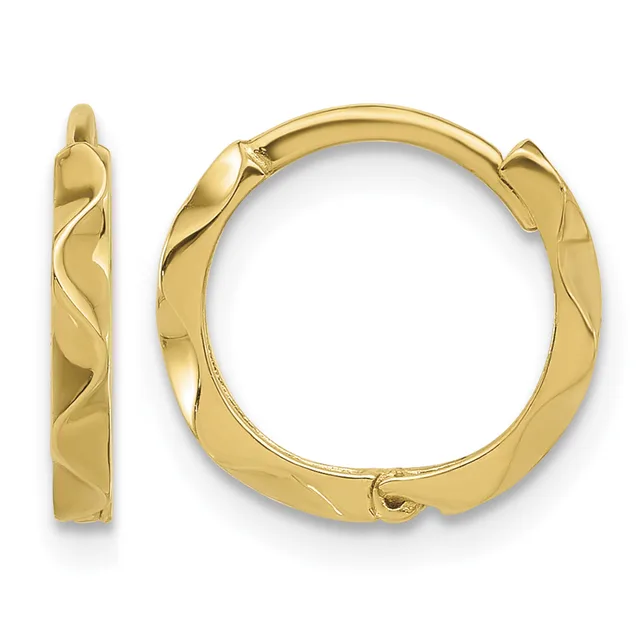 Pair of gold twisted hoop earrings with hinged closures, shown from the front and side views.