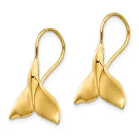 Pair of polished gold whale tail drop earrings with hook closures displayed against a white background.