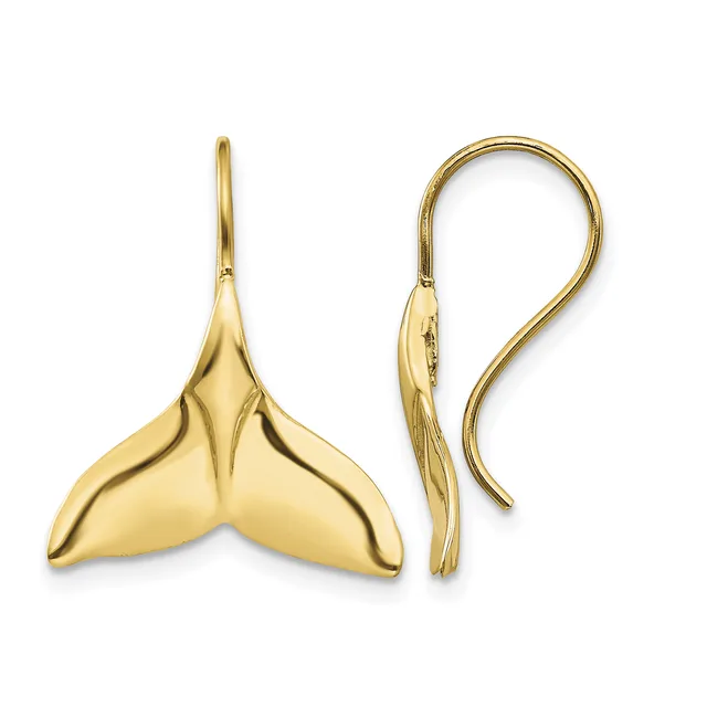 A pair of gold whale tail drop earrings shown from front and side views, featuring polished curved petals suspended from hook-style ear wires.