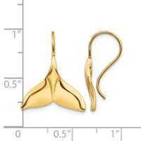 Pair of gold whale tail drop earrings with fish hook closures, shown next to a ruler indicating approximately one inch in length.