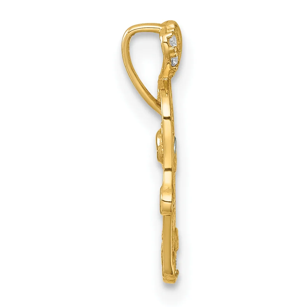 A gold pendant with a curved bail at the top set with small diamonds, attached to a rectangular link chain.