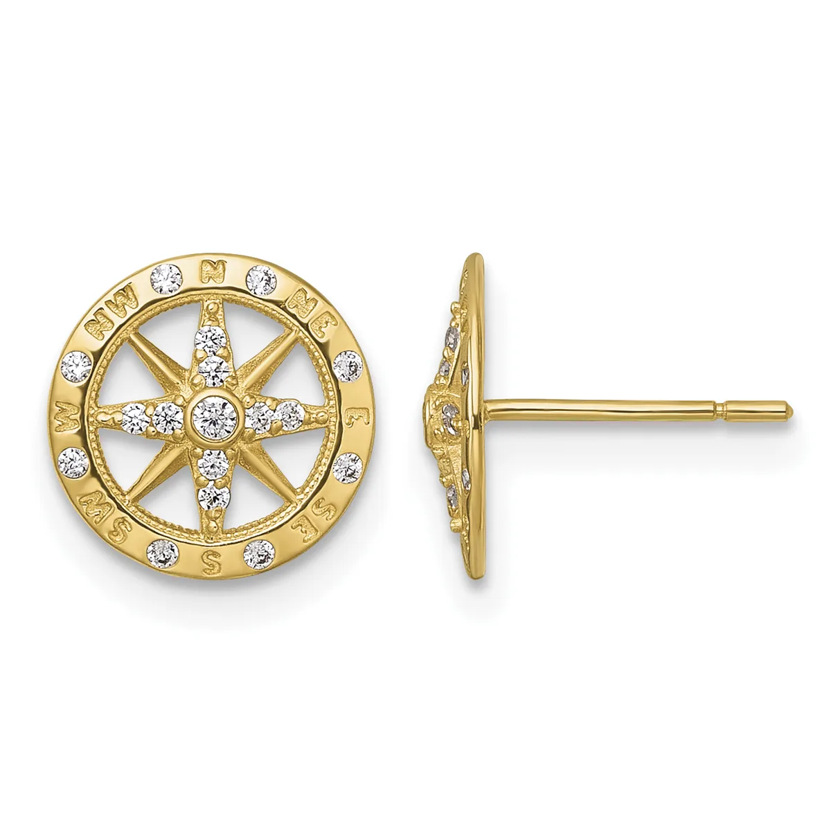 A pair of gold compass rose stud earrings with cubic zirconia stones arranged in a star pattern, shown from front and side views.