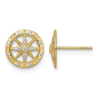 A pair of gold compass rose stud earrings with cubic zirconia stones arranged in a star pattern, shown from front and side views.