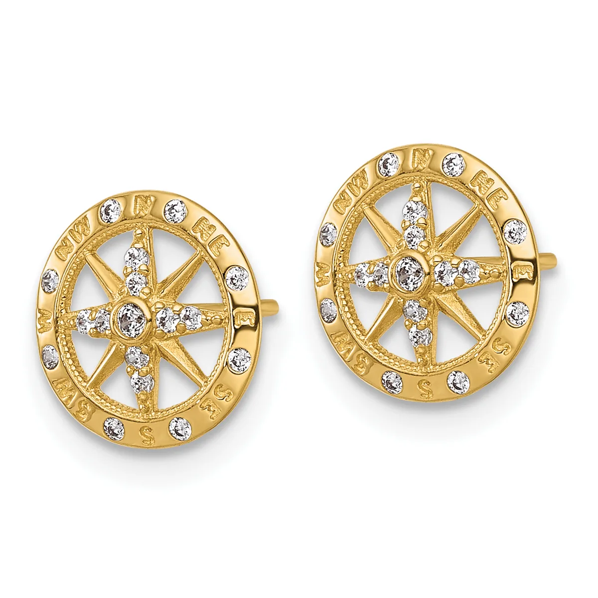 A pair of gold stud earrings with circular compass rose designs set with diamonds around the perimeter and forming a cross in the center.