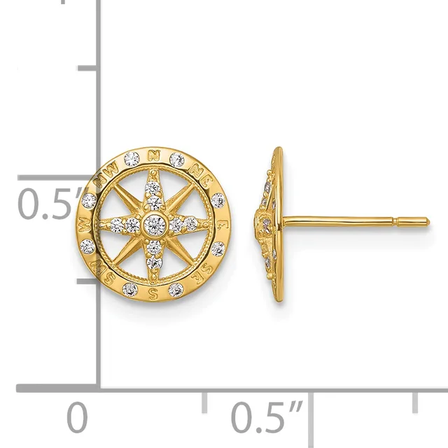 Gold compass rose stud earrings with diamond accents shown front and side view against a measurement ruler.
