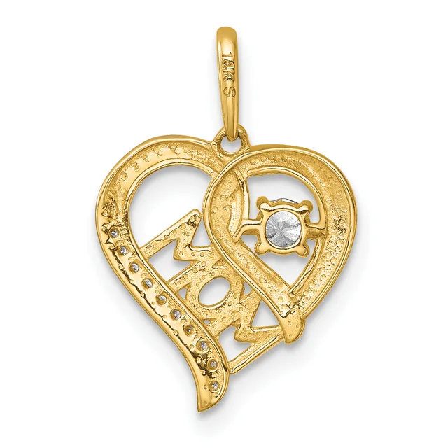 Gold heart-shaped pendant with cutout design featuring a small diamond or cubic zirconia stone, ornate textured borders, and a bail loop at the top.