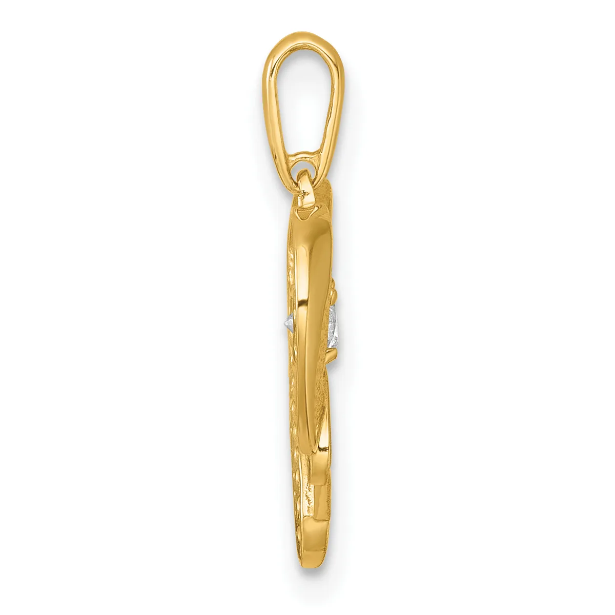 A gold elongated oval pendant with a polished finish and textured sides, suspended from a gold lobster clasp, shown against a white background.