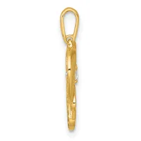 A gold elongated oval pendant with a polished finish and textured sides, suspended from a gold lobster clasp, shown against a white background.