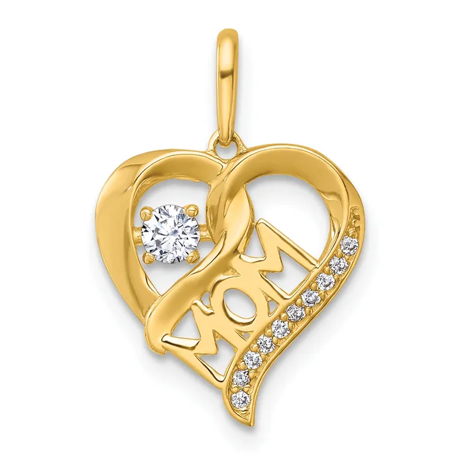 Gold heart-shaped pendant with cutout "MOM" lettering, a round diamond in the upper left, and small diamonds set along the right curved edge.